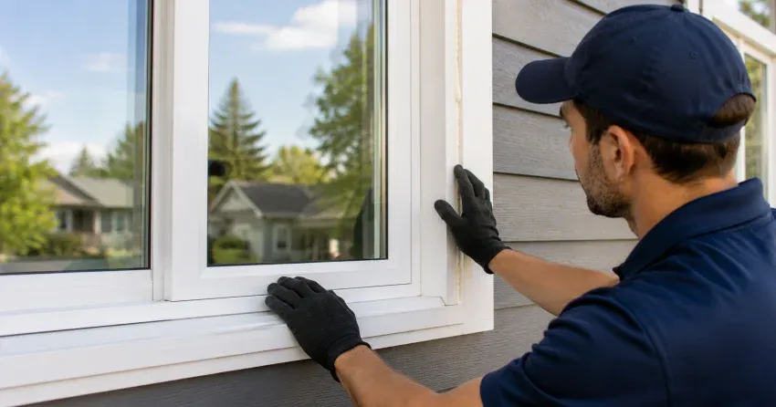 technician comparing full-frame and retrofit window replacement options in Bradford