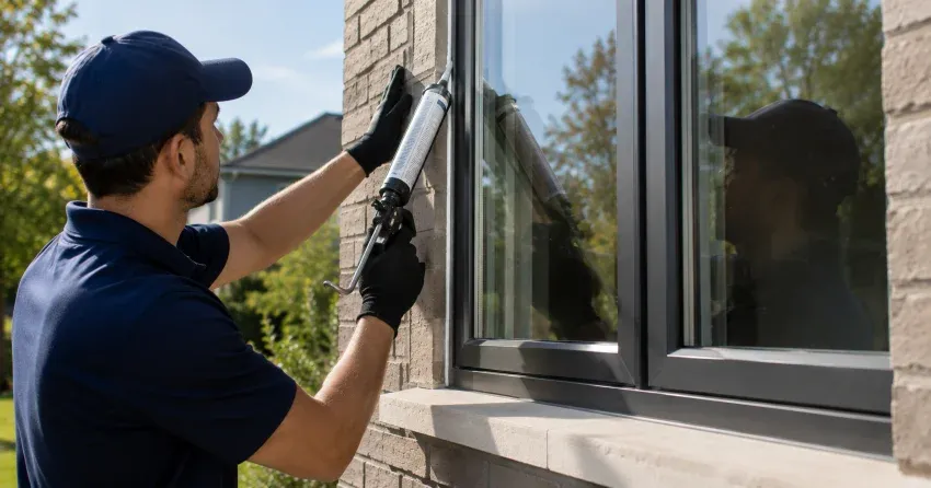 Aluminum window frame with double glazed insulated glass unit installed in a residential wall in Bradford