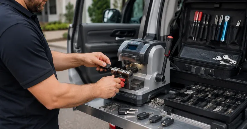 technician cutting a replacement car door lock key in Bond Head, Bradford