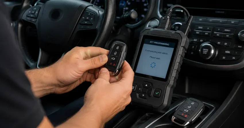 technician inspecting a worn car key before replacement in Deerhurst, Bradford