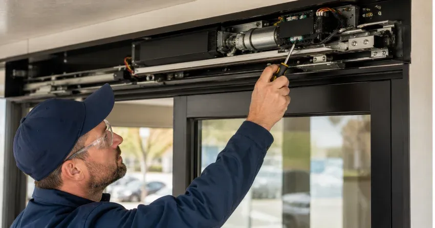 technician completing automatic door repair on residential property in Bradford