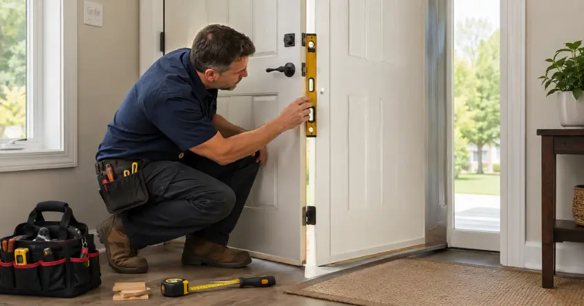 technician diagnosing a misaligned door frame in Bradford