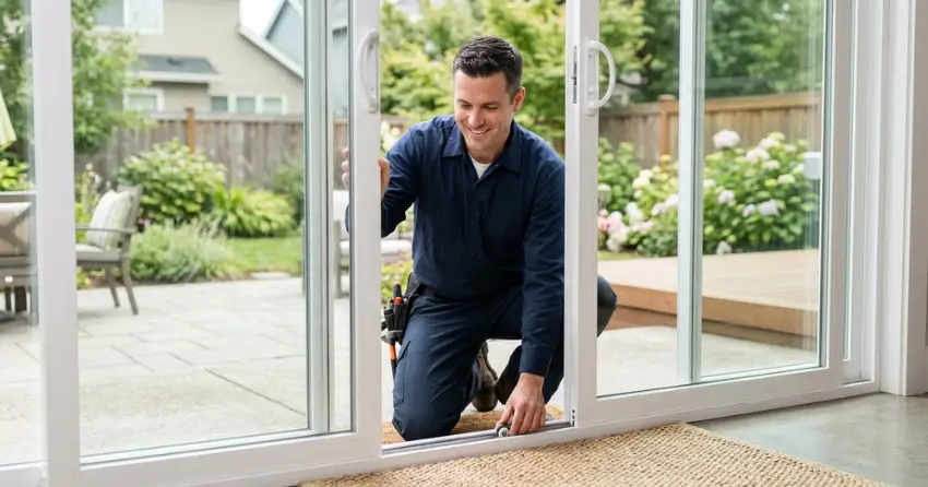 technician diagnosing a sticking patio door in Coulson