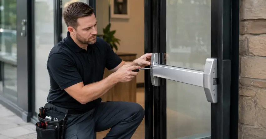 commercial locksmith repairing exit device on storefront door Green Valley, Bradford