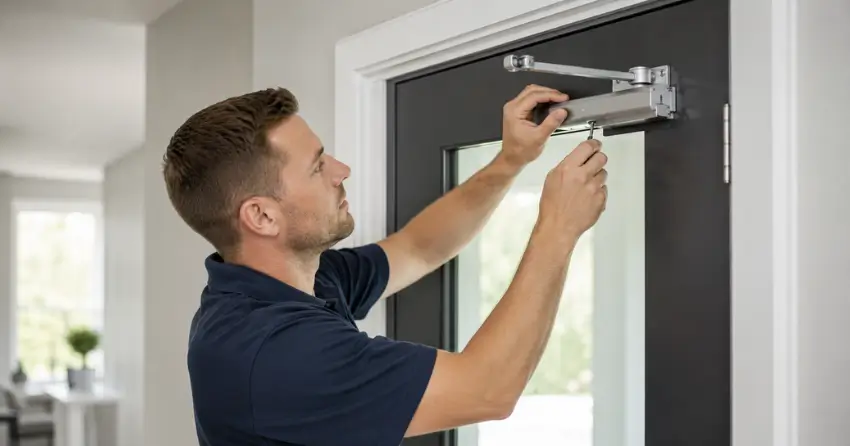 technician adjusting door closer hydraulic valve in Bradford home