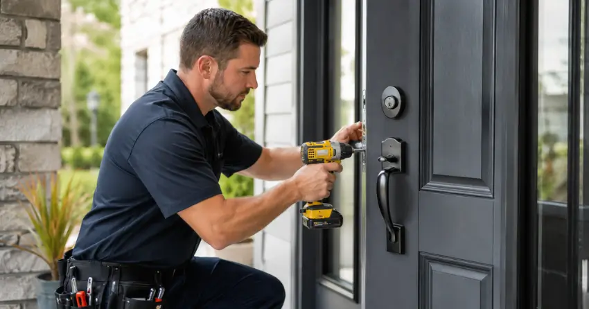 locksmith installing deadbolt lock on exterior door in Bradford