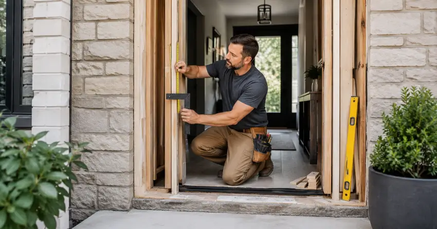 exterior door installer assessing rough opening in Bradford