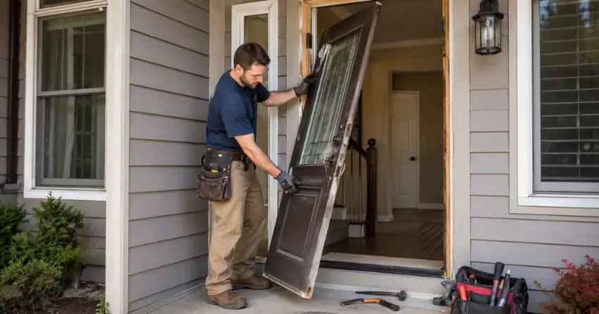 old exterior door being removed for replacement in Bradford