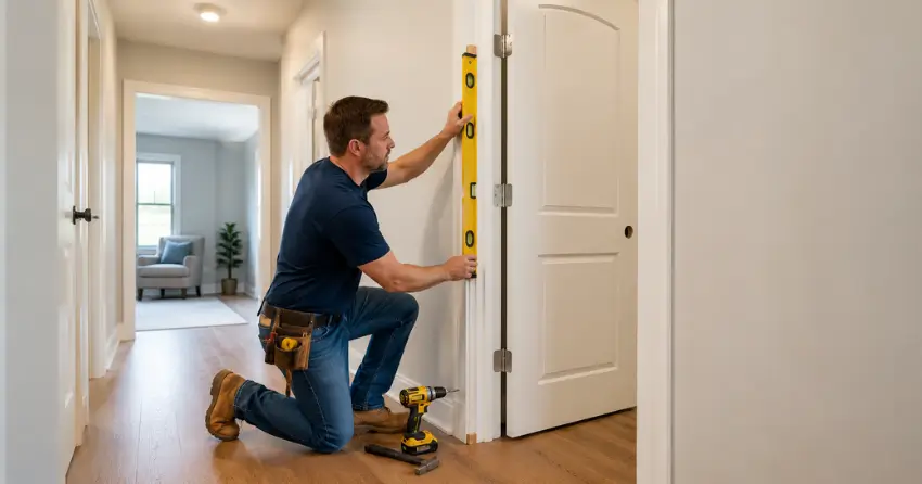 technician installing a pre-hung interior door in a home hallway Bradford