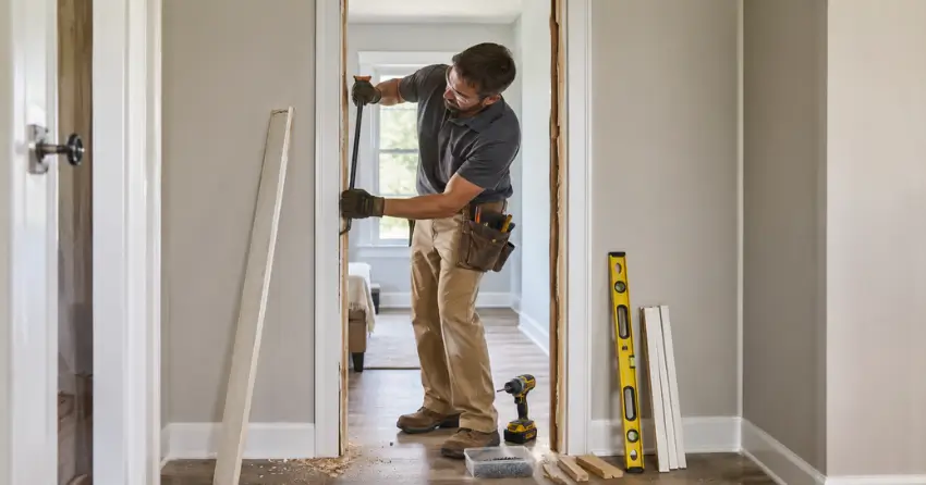 technician removing an old interior door frame during installation Bradford
