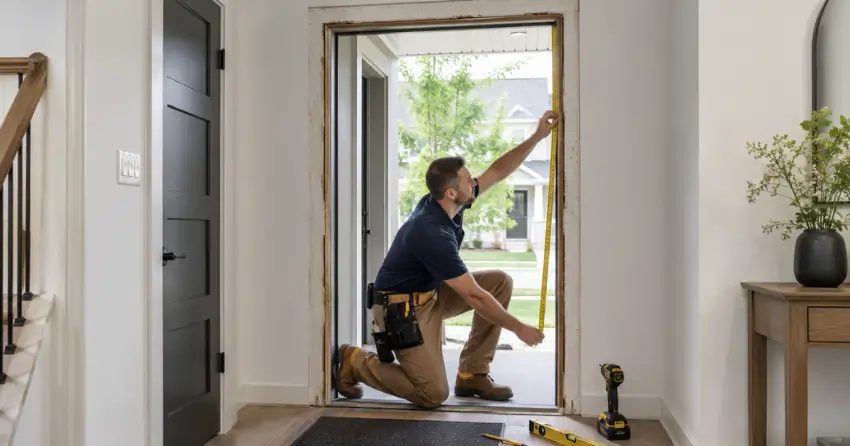 technician measuring a door frame before new door installation in Bradford