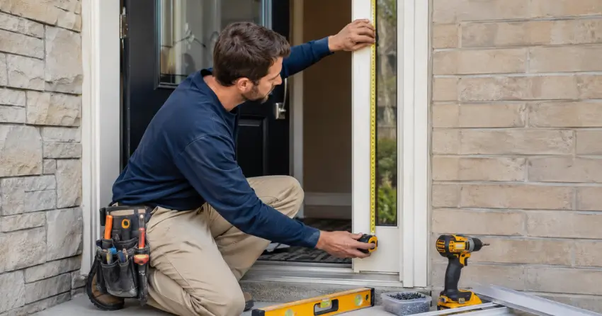 technician measuring door frame before storm door install in Bradford