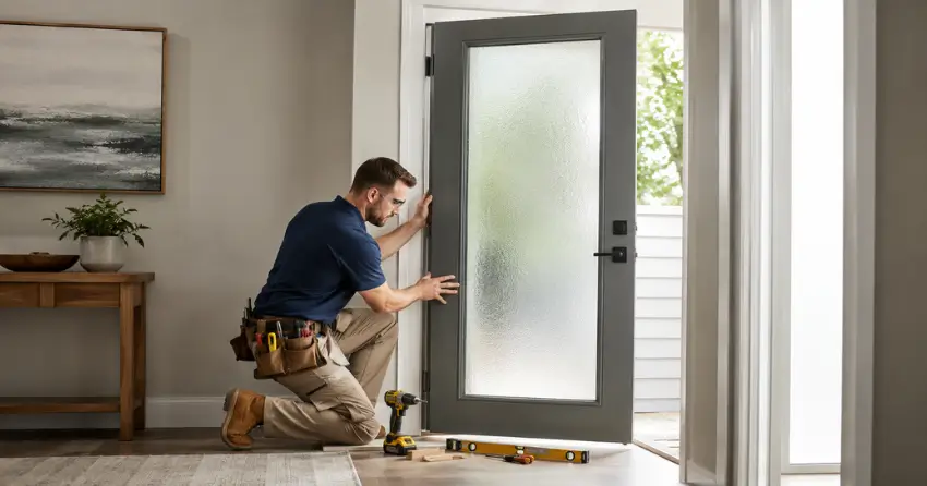 glass panel door installation with frosted privacy glass in residential setting in Coulson