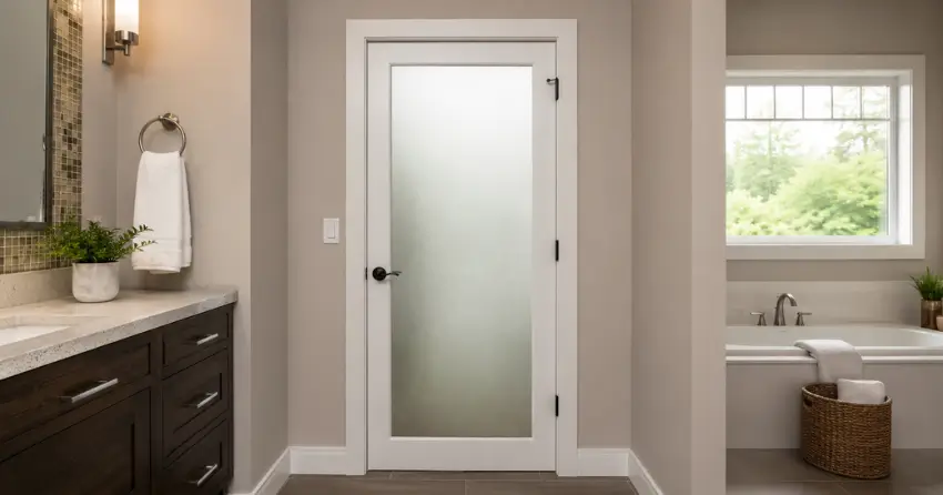 frosted glass panel bathroom door installed in a Bradford home