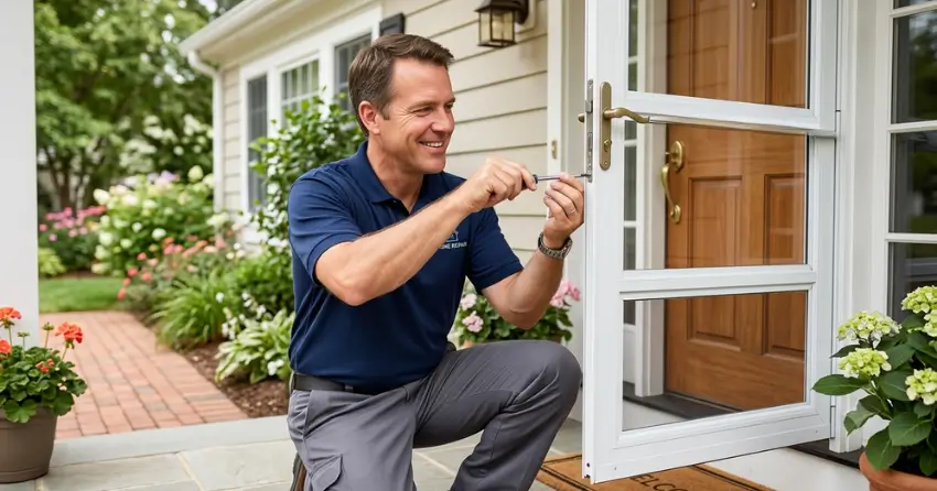 technician adjusting storm door hinge and closer in Deerhurst, Bradford