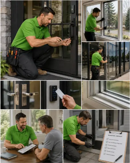 A technician fitting replacement hinges to a sagging entry door